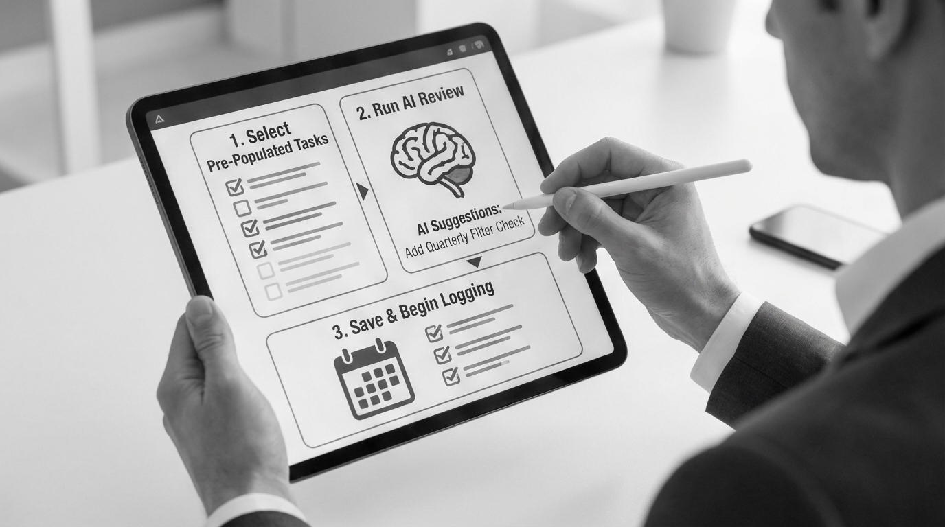 Construction worker using tablet showing AI quality check interface at construction site with photo documentation and evidence capture